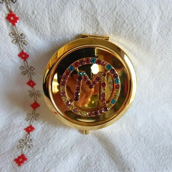 Rhinestone "M" Mirrored Travel Compact - Picture 3 of 4